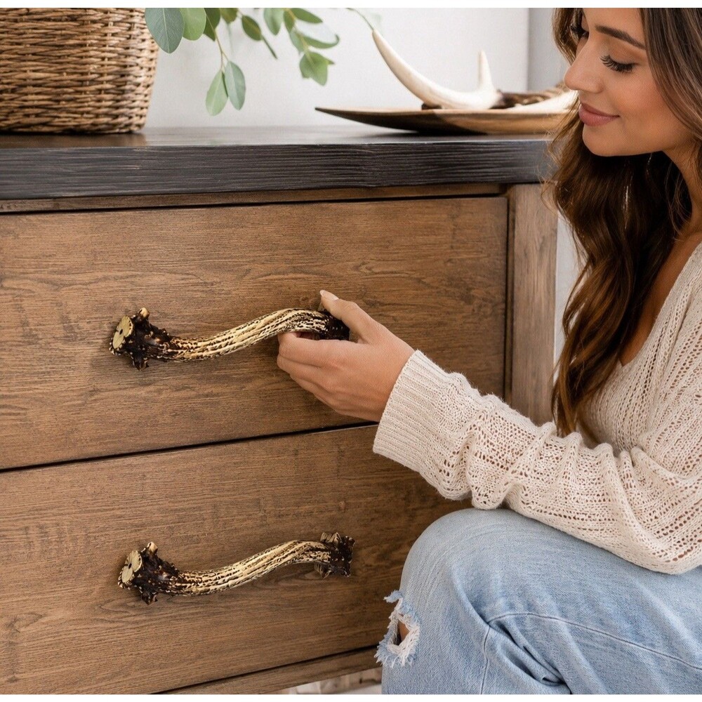 2 PK DEER ANTLER DRAWER PULL Cabinet Handle Knob SET Hunting Decor
